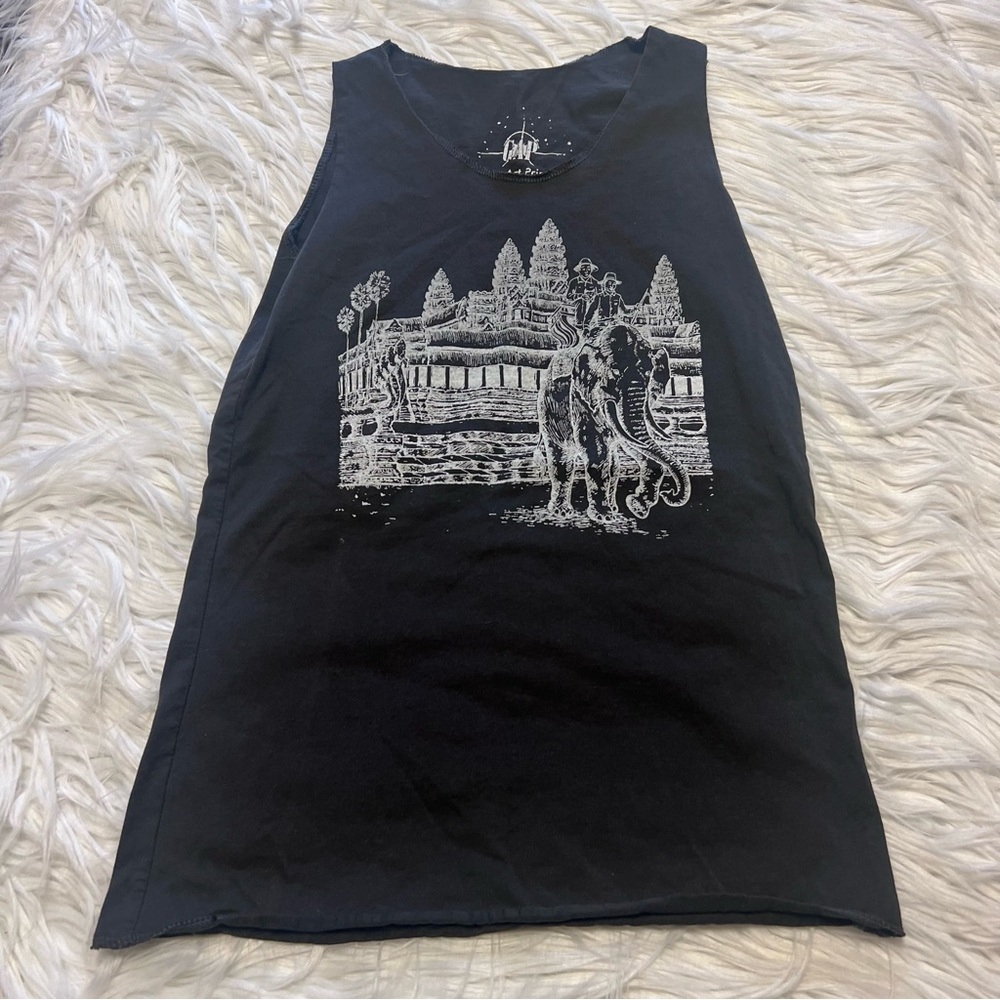 Anthropologie Black Tank with White Elephant Graphic